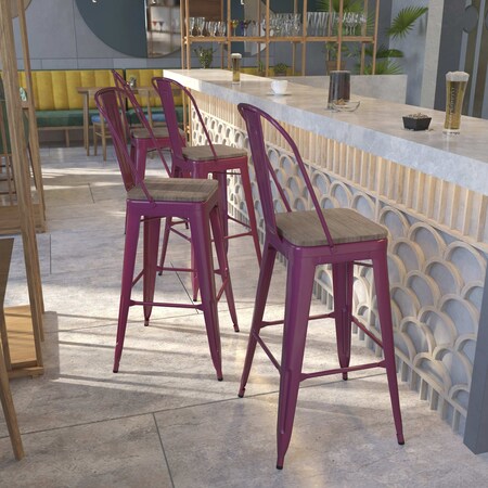 Flash Furniture Purple Metal Barstool with Back and Wood Seat, 30" High, PK4 4-ET-3534-30-PUR-WD-GG